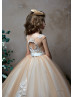 Beaded Ivory Lace Cappuccino Tulle Keyhole Back Flower Girl Dress
